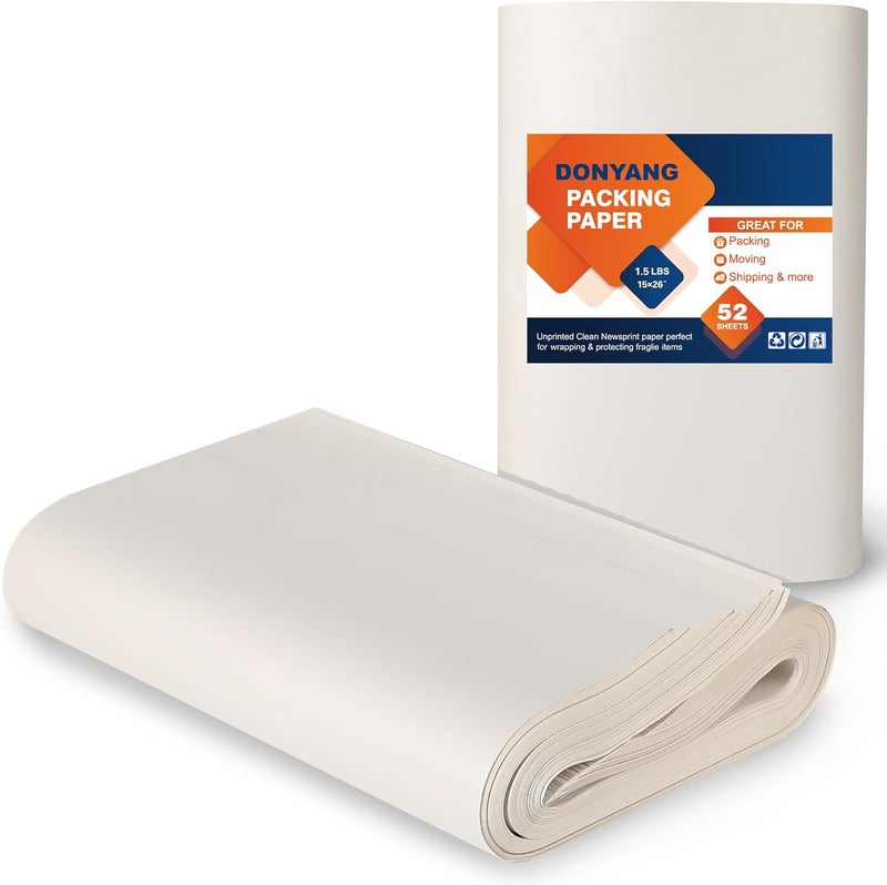 Donyang Newsprint Packing Paper for Moving Boxes, 26" x 15" Packing Boxes for Moving, Packaging, Shipping Supplies, 52 Sheets Newspaper Wrapping Material for Moving Essentials, Dishes Glassware Filler 1.5 lbs - Image 1